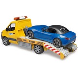 bruder MB Sprinter Autotransporter mit Light & Sound Modul , Modellfahrzeug orange/blau, Inkl. Roadster