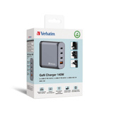 Verbatim GaN-Ladegerät 140W, 1x USB-A , 3x USB-C grau, PD 3.1, PD 3.0, QC 3.0