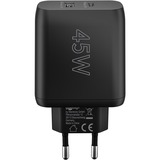 goobay USB-C PD Dual-Schnellladegerät 45 Watt schwarz, 1x USB-A, 1x USB-C PD, GaN-Technologie