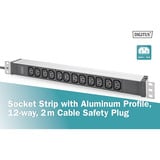 Digitus Steckdosenleiste 19" PDU mit Aluminiumprofil, 12-fach C13 schwarz/aluminium, 2 Meter Kabel, 1 HE, 1-phasig 16A, Schutzkontaktstecker