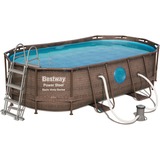 Bestway Power Steel Swim Vista Oval Frame Pool-Set, 427 x 250 x 100cm, Schwimmbad braun, mit Sichtfenstern