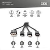 Digitus 3-in-1 Ladekabel, USB-A 2.0 > Lightning + USB-C + Micro-USB schwarz, 0,15 Meter, Laden mit bis zu 10 Watt