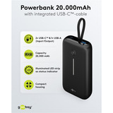 goobay Powerbank 20.000 mAh, integriertes USB-C Kabel 13cm, 30 Watt schwarz, 20 Ah, 1x USB-A, 2x USB-C, PD, QC