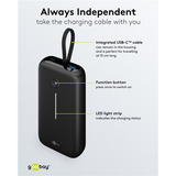 goobay Powerbank 20.000 mAh, integriertes USB-C Kabel 13cm, 30 Watt schwarz, 20 Ah, 1x USB-A, 2x USB-C, PD, QC