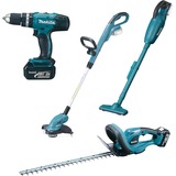 Makita Akku-Kombo-Kit DLX4093, Heckenschere, Rasentrimmer, Schlagbohrschrauber, Sauger blau/schwarz, 2x Li-Ionen Akku 3,0Ah 18Volt