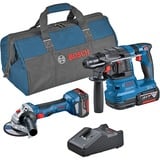 Bosch Kombi-Set Akku-Winkelschleifer GWS 18V-7 + Akku-Bohrhammer GBH 18V-22, Werkzeug-Set blau, 2x Li-Ionen Akku 4,0Ah, Werkzeugtasche