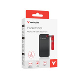 Verbatim Pocket SSD 2 TB, Externe SSD schwarz/rot, USB-C 3.2 Gen 2 (10 Gbit/s), mit Schlüsselring und Kabelhalter