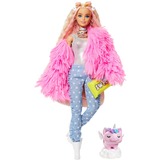 Mattel Barbie Extra Puppe (blond) mit flauschiger rosa Jacke, inkl. Haustier