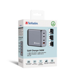 Verbatim GaN-Ladegerät 240W, 1x USB-A , 3x USB-C grau, PD 3.0, QC 3.0