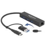 DeLOCK USB 3.2 Gen 1 Hub mit 3 Ports und Gigabit LAN und USB-C/A-Stecker, Dockingstation schwarz