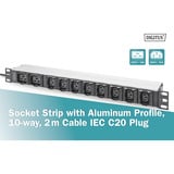 Digitus Steckdosenleiste 19" PDU mit Aluminiumprofil, 10-fach, 8x C13, 2x C19 schwarz/aluminium, 2 Meter Kabel, 1 HE, 1-phasig 16A, Kaltgerätestecker C20