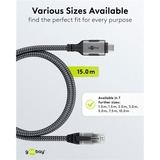 goobay Ethernet-Kabel USB-C 3.2 Gen2 Stecker > RJ-45 Stecker, LAN-Adapter schwarz/silber, 15 Meter, geflochtener Textilmantel