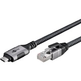 goobay Ethernet-Kabel USB-C 3.2 Gen2 Stecker > RJ-45 Stecker, LAN-Adapter schwarz/silber, 15 Meter, geflochtener Textilmantel