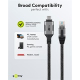 goobay Ethernet-Kabel USB-C 3.2 Gen2 Stecker > RJ-45 Stecker, LAN-Adapter schwarz/silber, 15 Meter, geflochtener Textilmantel