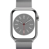 Apple Watch Series 8, Smartwatch silber, 45 mm, Milanaise Armband, Edelstahl-Gehäuse, LTE