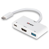 Lindy USB 3.2 Gen 1 Multiport-Hub, USB-C Stecker > USB-A + USB-C Buchse + HDMI-Buchse, USB-Hub weiß, 18cm, PD 3.0, Laden mit bis zu 100 Watt