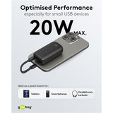 goobay Powerbank 5.000 mAh, integriertes USB-C Kabel 13cm, 20 Watt schwarz, 5 Ah, 1x USB-A, 1x USB-C, PD, QC