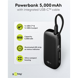 goobay Powerbank 5.000 mAh, integriertes USB-C Kabel 13cm, 20 Watt schwarz, 5 Ah, 1x USB-A, 1x USB-C, PD, QC