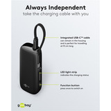 goobay Powerbank 5.000 mAh, integriertes USB-C Kabel 13cm, 20 Watt schwarz, 5 Ah, 1x USB-A, 1x USB-C, PD, QC