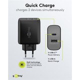 goobay USB-C Dual-Schnellladegerät, PD, GaN, 65 Watt schwarz, 1x USB-C, 1x USB-A, Power Delivery