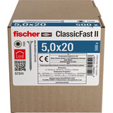 fischer Spanplattenschraube ClassicFast II 5,0x20 Senkkopf TX 500 Stück, mit Vollgewinde, verzinkt
