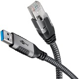 goobay Ethernet-Kabel USB-A 3.2 Gen1 Stecker > RJ-45 Stecker, LAN-Adapter schwarz/silber, 5 Meter, geflochtener Textilmantel