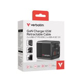 Verbatim GaN-Ladegerät 65W, 1x USB-A , 2x USB-C, ausziehbares Kabel schwarz, PD 3.0, QC 3.0