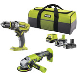 Ryobi ONE+ Akku Schlagbohrschrauber- / Winkelschleifer-Set R18PDAG-242S, 18Volt, Werkzeug-Set grün/schwarz, Li-Ionen Akku 2,0Ah + 4,0Ah, Werkzeugtasche