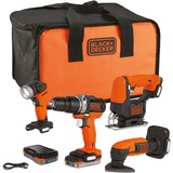 BLACK+DECKER 12Volt 4-er Kit, Schlagbohrschrauber, Stichsäge, Deltaschleifer, Lampe BDCK123S2S orange/schwarz, 2x Li-Ionen Akku 1,5Ah