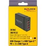 DeLOCK USB Ladegerät 1x USB-C PD + 3x USB-A, 60 Watt schwarz