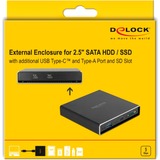 DeLOCK Externes Gehäuse für 2.5″ SATA HDD / SSD, Laufwerksgehäuse schwarz, mit zusätzlichem USB Type-C und Typ-A Port und SD Slot