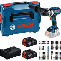 Bosch Professional Werkzeug-Set: Akku-Bohrschrauber 18 Volt 110 Nm mit 2 Akkus 5,0 Ah, Ladegerät und Bit-Set Boxed