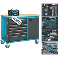 Hazet Werkbank Assistent (179NW-7/210), fahrbar, Sortiment, Werkzeugwagen blau/schwarz, 210-teilig inkl. DAB Radio