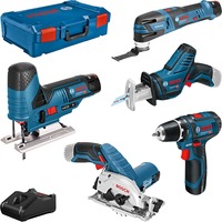 Bosch Professional 5-teiliges 12Volt-Werkzeug-Set, GSR + GOP + GKS + GSA + GST blau, 3x Li-Ionen Akku 3,0Ah, XL-BOXX