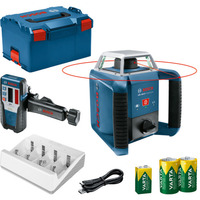 Bosch Rotationslaser GRL 400 H Professional blau/schwarz, rote Laserlinie, mit Laser-Empfänger LR 1, VARTA Ladegerät + Akkus, in L-BOXX