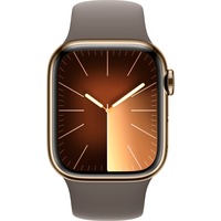 Apple Watch Series 9, Smartwatch gold/braun, Edelstahl, 41 mm, Sportarmband, Cellular