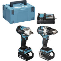 Makita Akku-Kombo-Kit DLX2533TJ, Akku-Bohrschrauber DDF489Z + Akku-Schlagschrauber DTW300Z, 18Volt blau/schwarz, 2x Li-Ionen Akku 5,0Ah, MAKPAC