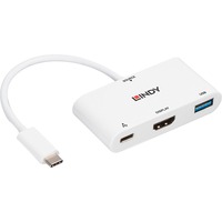 Lindy USB 3.2 Gen 1 Multiport-Hub, USB-C Stecker > USB-A + USB-C Buchse + HDMI-Buchse, USB-Hub weiß, 18cm, PD 3.0, Laden mit bis zu 100 Watt