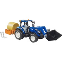 bruder BRUDER New Holland T5.120 mit Frontlader, Ladekasten, Gabeln und Rundballen, Modellfahrzeug