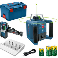 Bosch Professional Rotationslaser GRL 300 HVG Professional, mit Halterung blau/schwarz, grüne Laserlinie, mit Laser-Empfänger LR 1, VARTA Ladegerät + Akkus, in L-BOXX