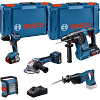 Bosch Professional 18V Profi Set, 5 Werkzeuge (GBH 18V-26, GSB 18V-65, GSA 18V-LI, GWS 18V-11, GLI 18V-1200 C), Werkzeug-Set blau, 3x Li-Ion Akku 5,0Ah, in XL-BOXX