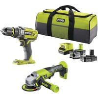 Ryobi ONE+ Akku Schlagbohrschrauber- / Winkelschleifer-Set R18PDAG-242S, 18Volt, Werkzeug-Set grün/schwarz, Li-Ionen Akku 2,0Ah + 4,0Ah, Werkzeugtasche