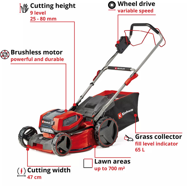 EINHELL Professional Akku-Rasenmäher GP-CM 36/47 S Li BL, 36Volt (2x18Volt) rot/schwarz, 4x Li-Ionen Akku 4,0Ah, mit Hinterradantrieb Vario Speed