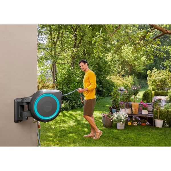 GARDENA WandSchlauchbox RollUp XL, 35 Meter, Schlauchtrommel grau/türkis