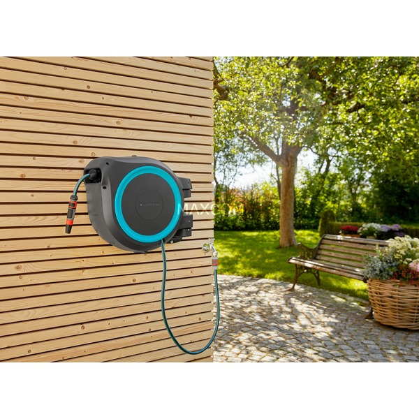 GARDENA WandSchlauchbox RollUp XL, 35 Meter, Schlauchtrommel grau/türkis
