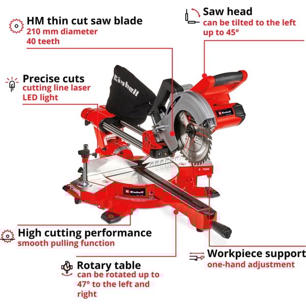 EINHELL Akku-Zug-Kapp-und Gehrungssäge TE-SM 36/210 Li-Solo, 36Volt (2x18V) rot, ohne Akku und Ladegerät