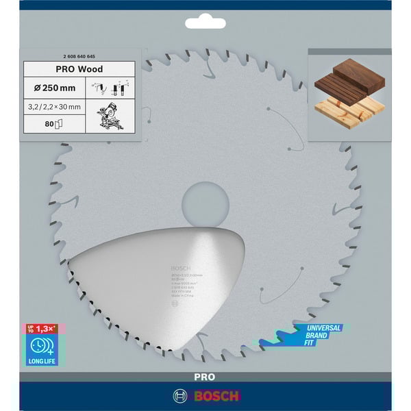 Bosch PRO Wood Kreissägeblatt, Ø 250mm, 80Z Bohrung 30mm, für Kapp- & Gehrungssägen
